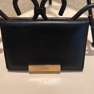 Prada Fold Over Cardholder Black Smooth Leather Gold Logo Classic Minimalist